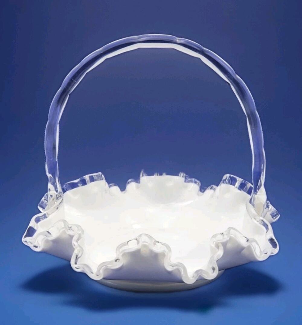 Vintage Fenton Crystal Crest White Milk Glass 7.5" Basket Ruffled Clear Handle
